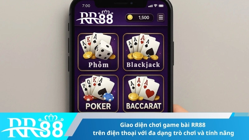 Giao diện chơi game bài RR88 trên điện thoại với đa dạng trò chơi và tính năng