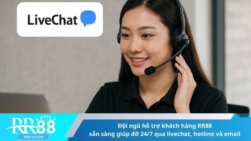 Đội ngũ hỗ trợ khách hàng RR88 sẵn sàng giúp đỡ 24/7 qua livechat, hotline và email