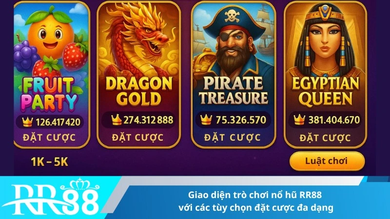 Giao diện trò chơi nổ hũ RR88 với các tùy chọn đặt cược đa dạng