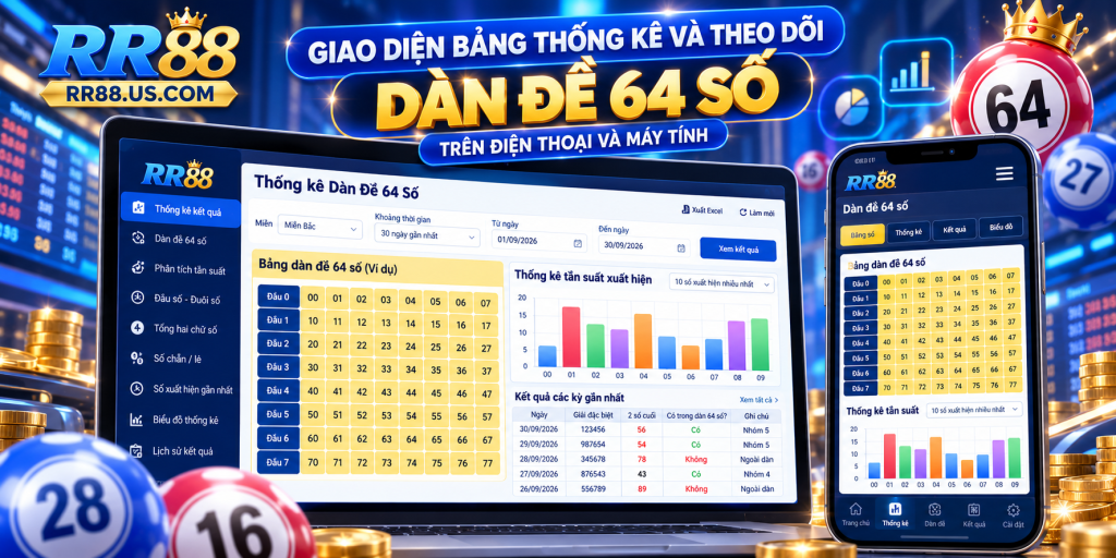 Giao diện bảng thống kê và theo dõi Dàn Đề 64 Số trên điện thoại và máy tính