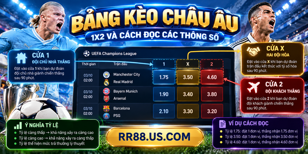 Bảng Kèo Châu Âu 1X2 và cách đọc các thông số