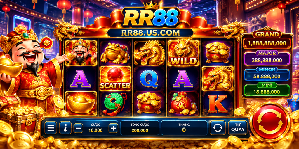 Giao diện vòng quay, Wild, Scatter, Free Spins và Bonus trong Nổ Hũ RR88