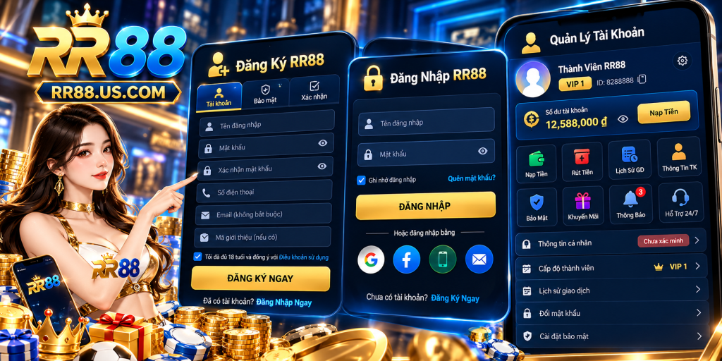 Giao diện đăng ký đăng nhập và quản lý tài khoản RR88